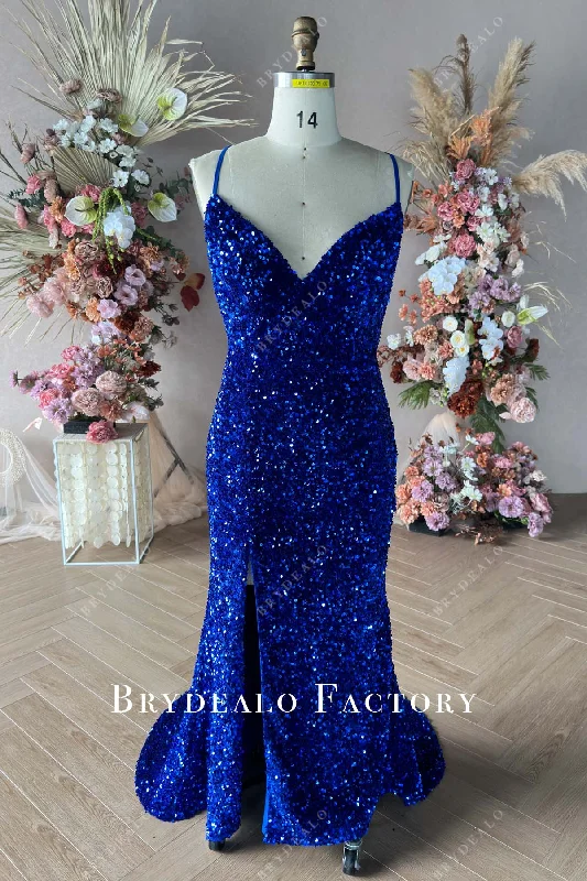 Custom Plus Size Stretchy Sequin Blue Plunging Neck Slit Prom Dress Tunics Sophisticated sleek