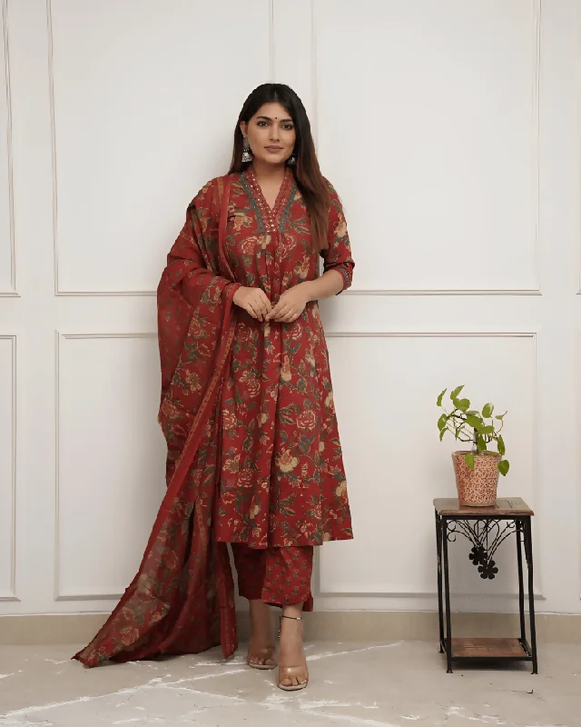 Aastha Fashion Women's Printed Cotton Maroon Kurti With Pant And Dupatta By Srf Jaipur Elegant Wool Trousers