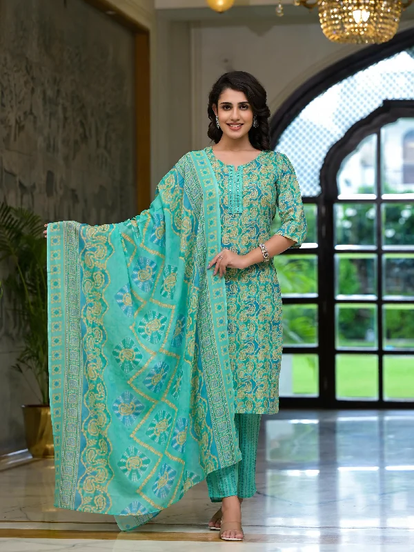 Juniper Women's Green Ethnic Motif Printed Cotton Kurta Pant And Dupatta Set With Mirror Work & Sequins High-Waist Jeans
