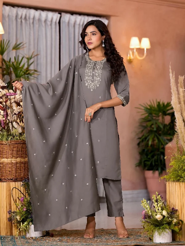 Juniper Women's Dark Grey Zari Embroidered Viscose Kurta Pant And Dupatta Set Cozy Maternity Pants