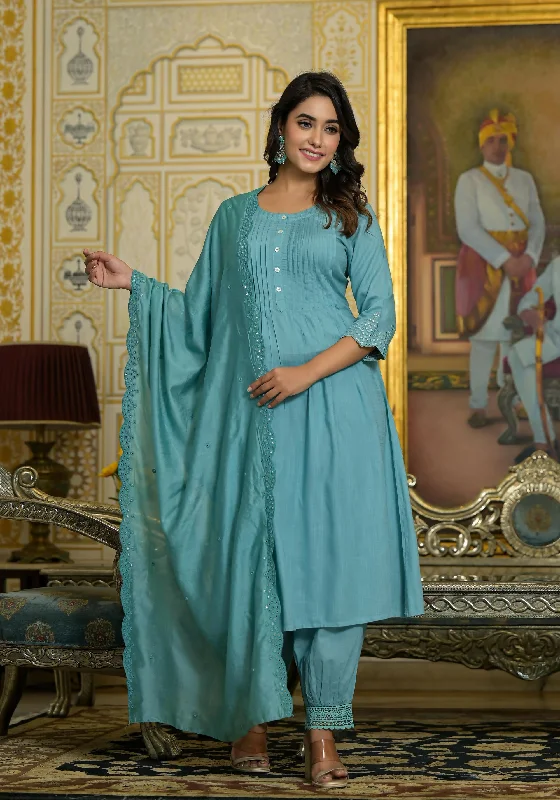 Juniper Women's Sky Blue Mirror Embroidered Liva Rayon Kurta Pant And Dupatta Set With Lace & Button Detail Chic Slim Fit Pants