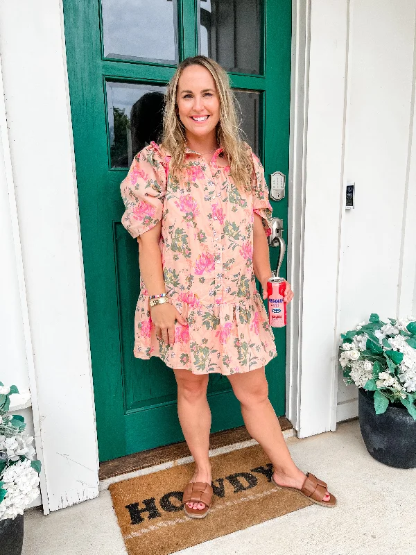 Floral Collared Button Up Mini Dress - Peach Elegant Silk Mini Dress