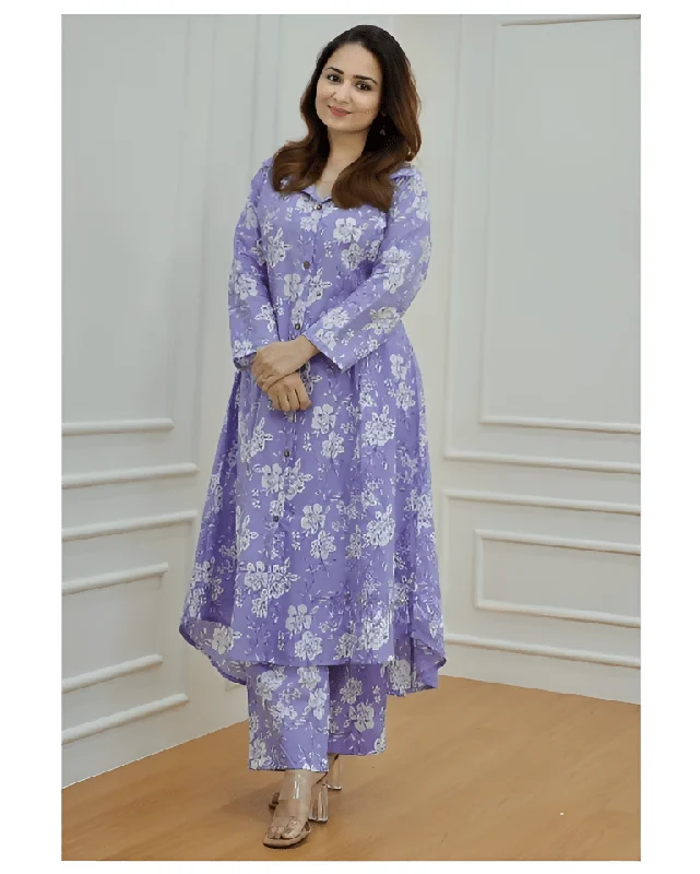 Aastha Fashion Women's Printed Cotton Purple Kurti With Pant By Srf Jaipur Casual Wide Pants