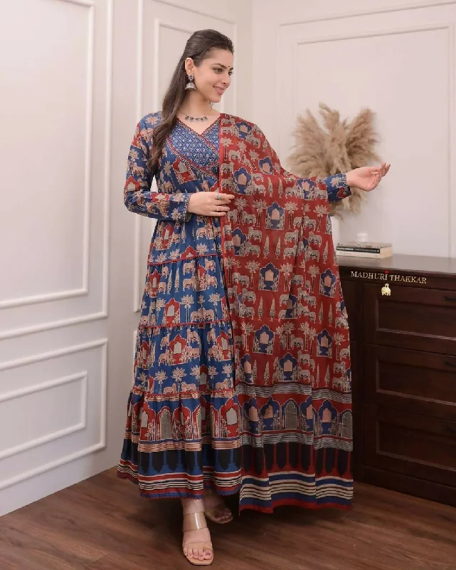 Preksha Creation Indian Beautiful Heavy Fully Flared Anarkali Stitched Suit With Dupatta and Pant - Blue Comfortable Jogging Pants