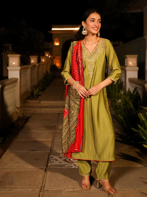 Juniper Women's The Swarn Green Zari Embroidered Viscose Kurta Pant And Dupatta With Mirror Work Fashionable Sporty Pants