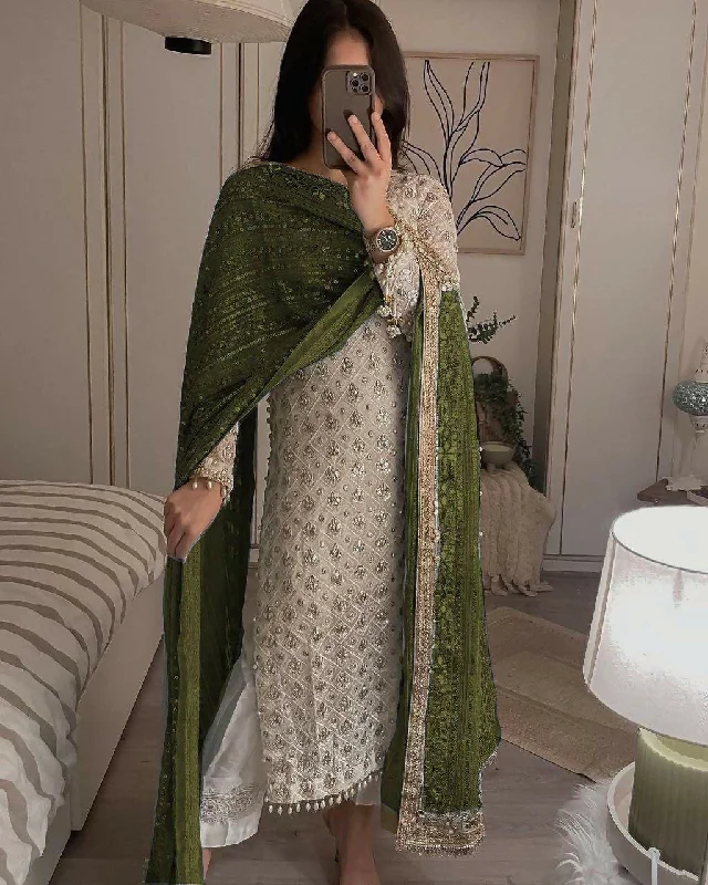 Preksha Creation Indian Fancy Women Green Faux Georgette Sequence Embroidered Work Top and Pant With Dupatta Trendy Tapered Pants