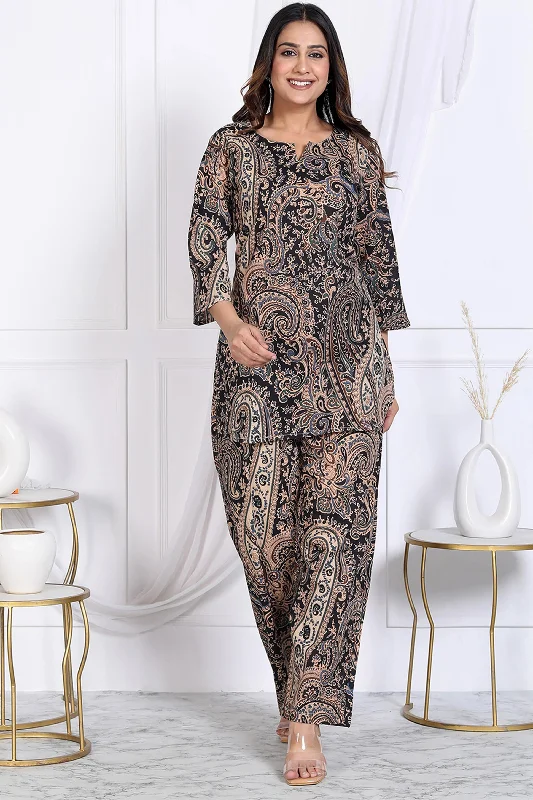 Indian Fashion Women Black Printed Viscose Rayon Kurta, Pant And Dupatta Set Classic Straight-Leg Pants