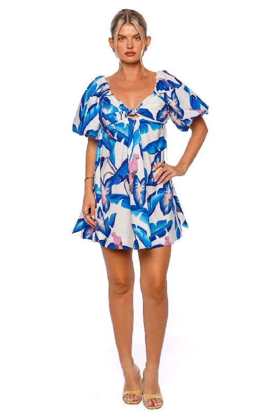 Blue Foliage Tie-Back Mini Dress Classic Shift Mini Dress