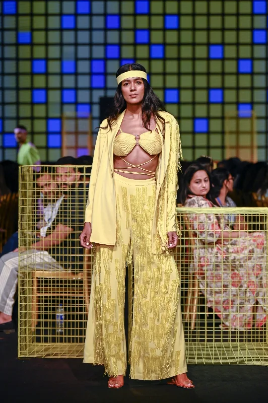 Lemon Yellow Flared Pants with Hand embroidered Tassels detailing Stretch Fit Pants