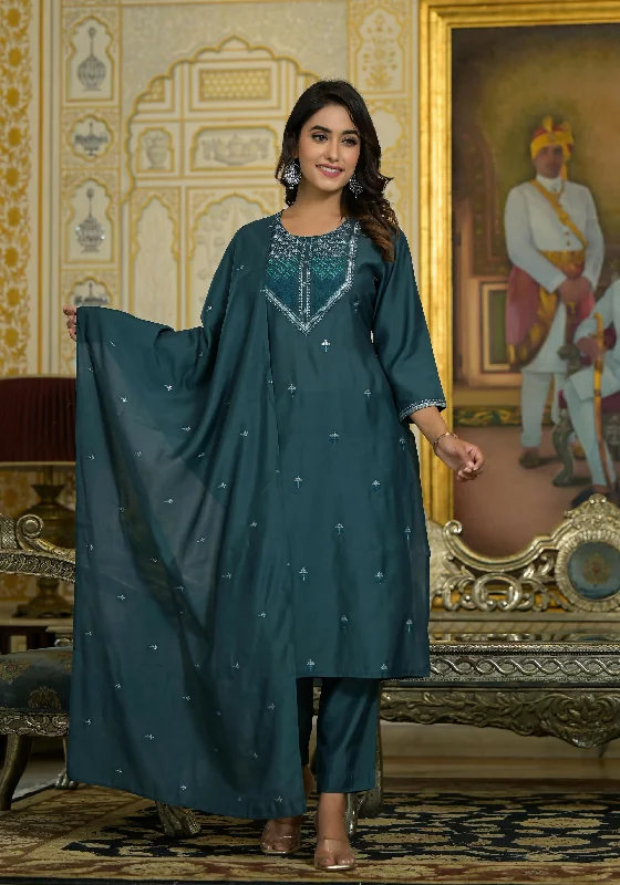 Juniper Women's Rama Green Thread Embroidered Viscose Kurta Pant And Dupatta Set With Sequins Work Casual Track Pants