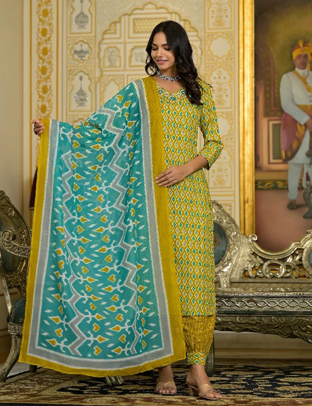 Indian Fashion Women Green Embroidery Viscose Rayon Kurta, Pant And Dupatta Set Relaxed Fit Trousers