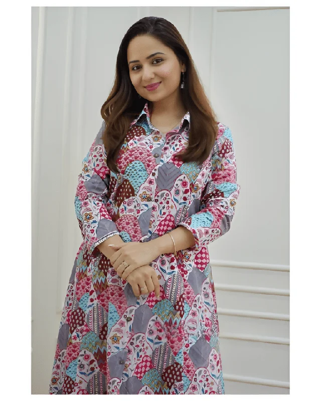 Aastha Fashion Women's Printed Cotton Blue Grey Kurti With Pant By Srf Jaipur Chic Black Leggings