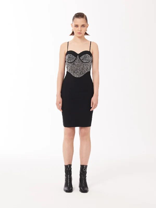 Embellished Bandage Mini Dress in Black Cozy A-Line Mini Dress