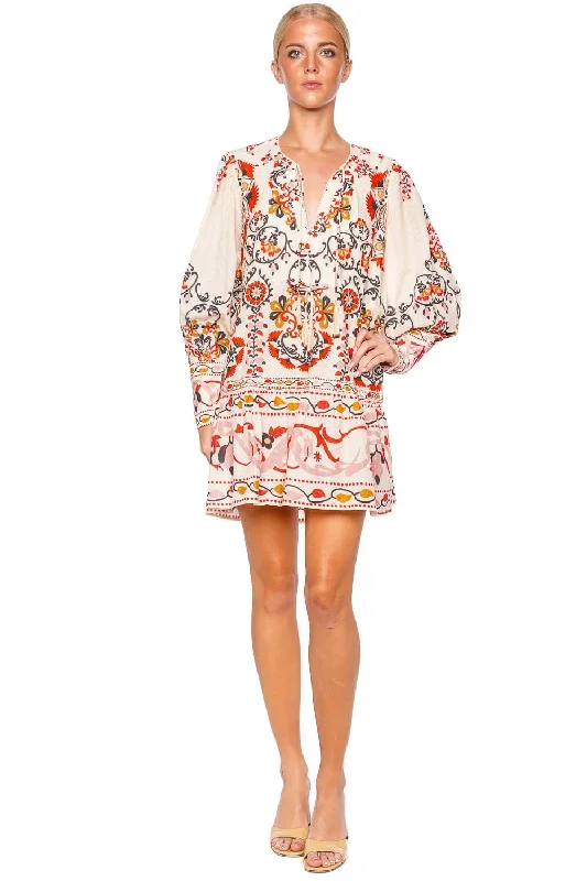 Embroidered Mandala Drawstring Mini Dress Elegant Mini Dress with Ruffles