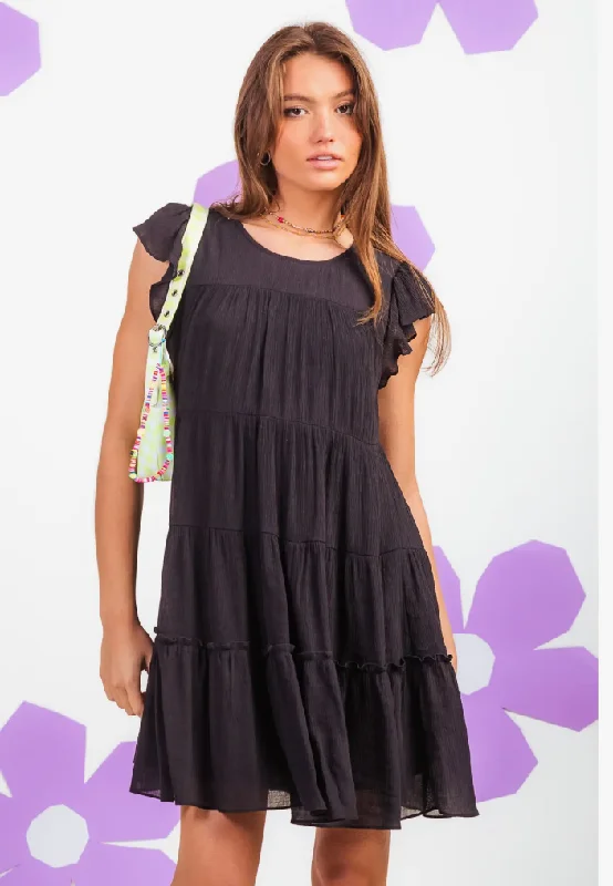 PLUS SIZE RUFFLED SLEEVE GATHERED MULTI TIER MINI DRESS Elegant Lace-Up Mini Dress