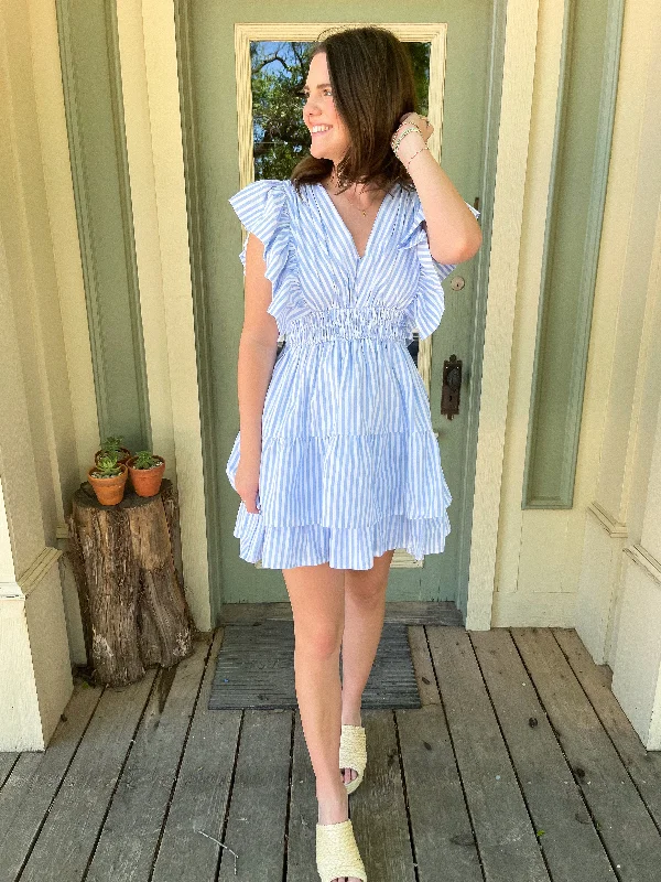 Stripe Print V-neck Mini Dress - Blue Trendy Tie-Dye Mini Dress