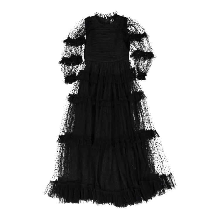 AW1136-Tulle Pleated Frill Dress-Black Tunics Mesh breathable