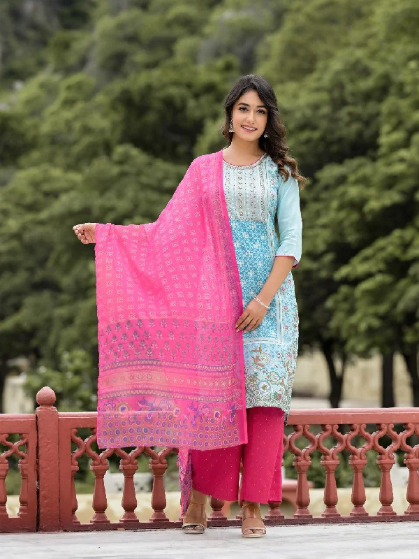 Juniper Women's Sky Blue Ethnic Motif Printed Viscose Kurta Pant And Dupatta Set With Sequins Work And Beads Work Comfortable Wide-Leg Pants