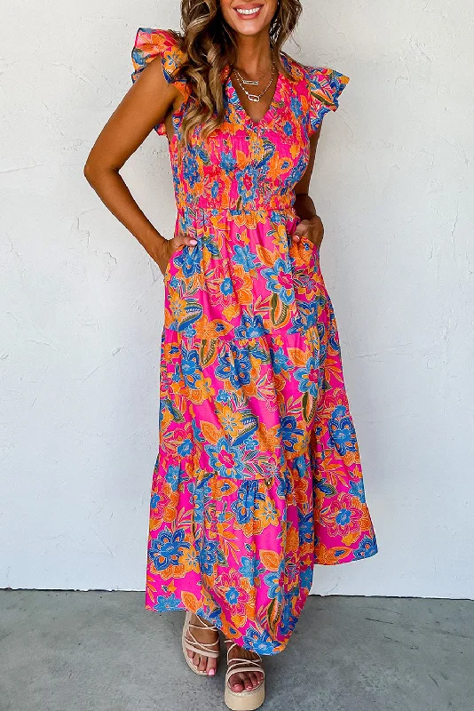 Dark Blue Boho Floral V Neck Ruffle Tiered Long Dress Elegant Long Evening