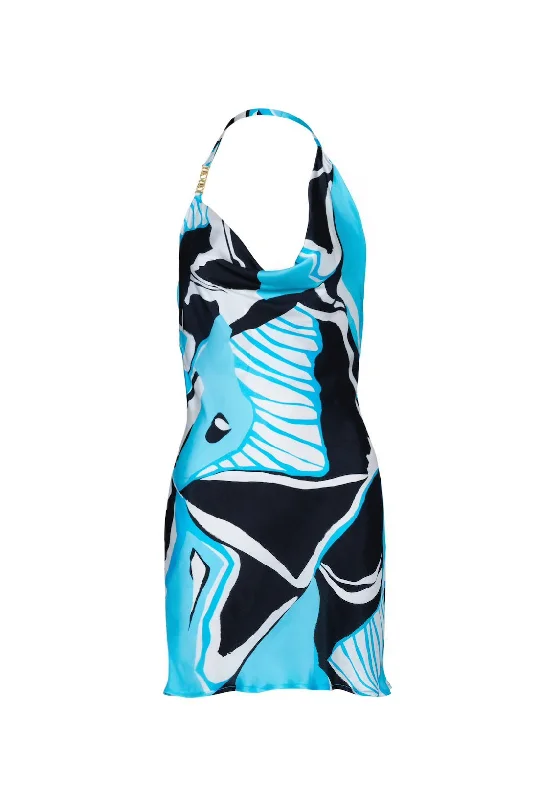Grenada Cowl Neck Mini Dress - Artifice Aqua Elegant Floral-Print Mini Dress
