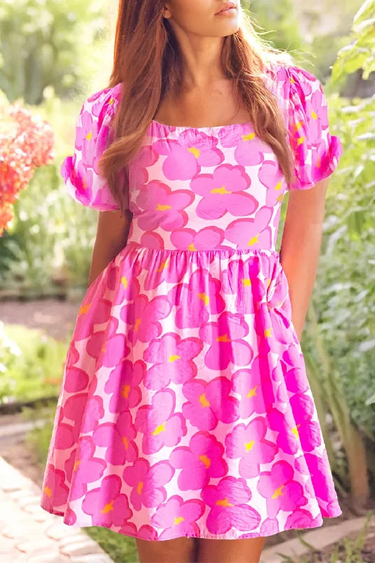 Blue Zone Planet |  Rose Floral Print Square Neck Empire Waist Flowy Dress Tunics Print Colorful