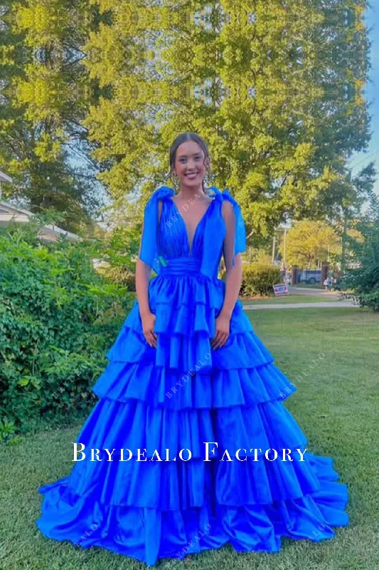 Blue Plunging Neck Open Back Tiered Homecoming Dress Tunics Office stylish