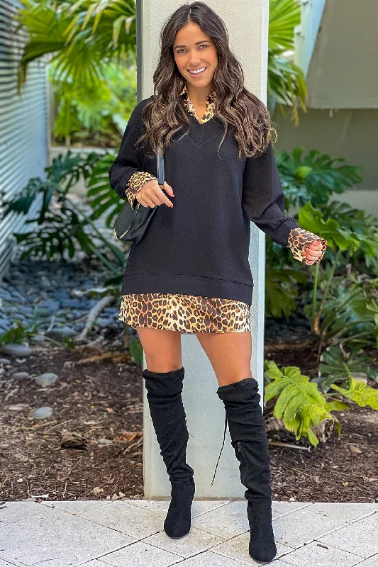 Black Leopard Knit V-Neck Dress Pencil Office Professional