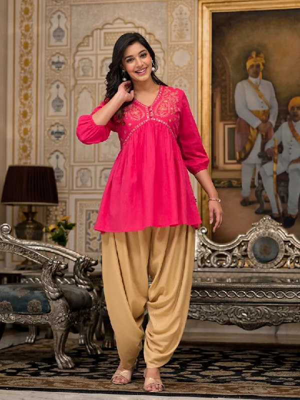 Juniper Women's Fuchsia Embroidered Cotton Tunic And Pant Co-Ord Set With Mirror & Zari Work Elegant Wool Trousers