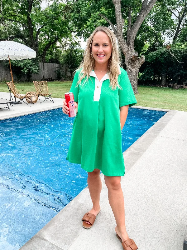Collared Mini Dress- Green Fashionable Mini Dress with Pockets