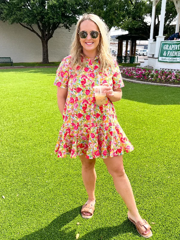 Floral Print Short Sleeve Mini Dress- Chartreuse Trendy Button-Detail Mini Dress