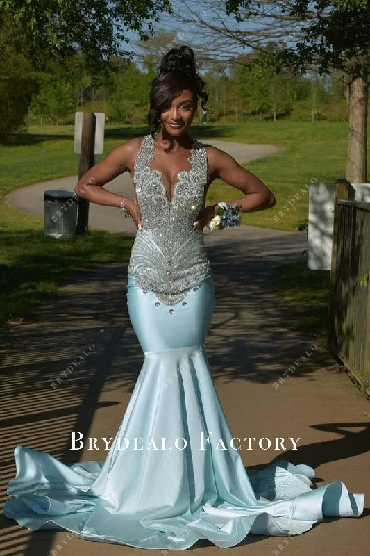 Rhinestones Bodice Blue Trumpet Long Train Prom Dress Tunics Fleece cozy