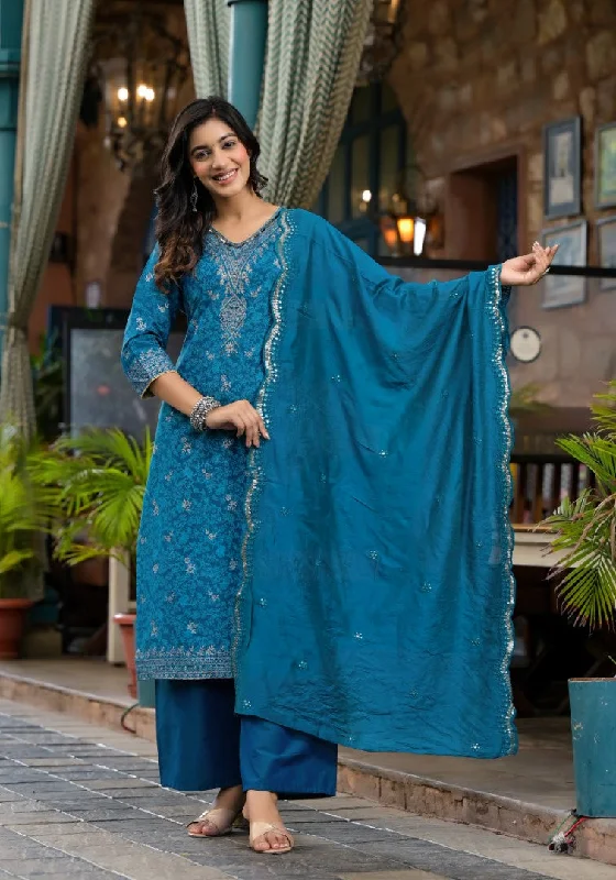 Juniper Women's Blue Poly Staple Ethnic Motif Printed Kurta Pant And Dupatta Set With Sequins Mirror & Zari Work Fashionable Work Pants