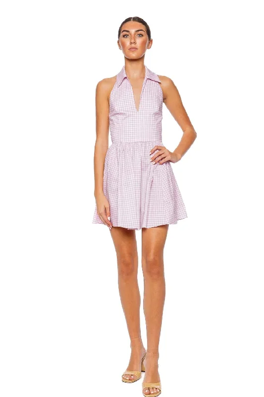 Aya Collared Mauve Gingham Mini Dress Casual V-Neck Mini Dress