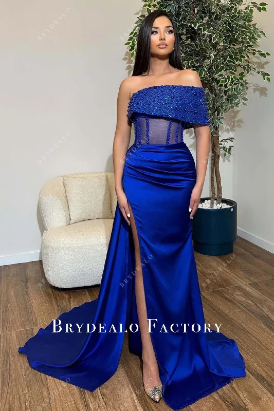 Royal Blue Beaded Asymmetrical Neckline Slit Prom Dress sweetheart Neckline Romantic