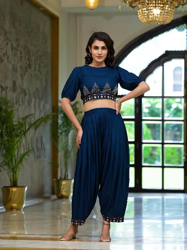 Juniper Women's Navy Thread Embroidered Rayon Top & Dhoti Pant Set Classic Straight Pants