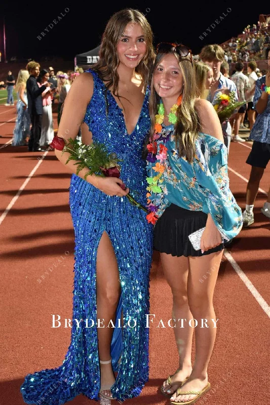Ocean Blue Sequined Plunging Neck Homecoming Prom Dress A-Line Day Work