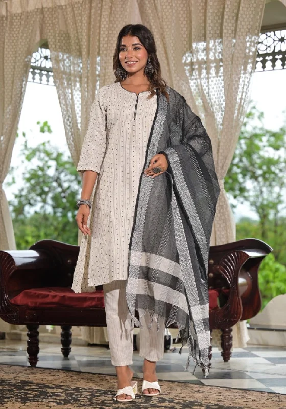 Juniper Women's Off White Geometric Printed Cotton Kurta Pant Set With Tassels On Dupatta Classic Bootcut Trousers