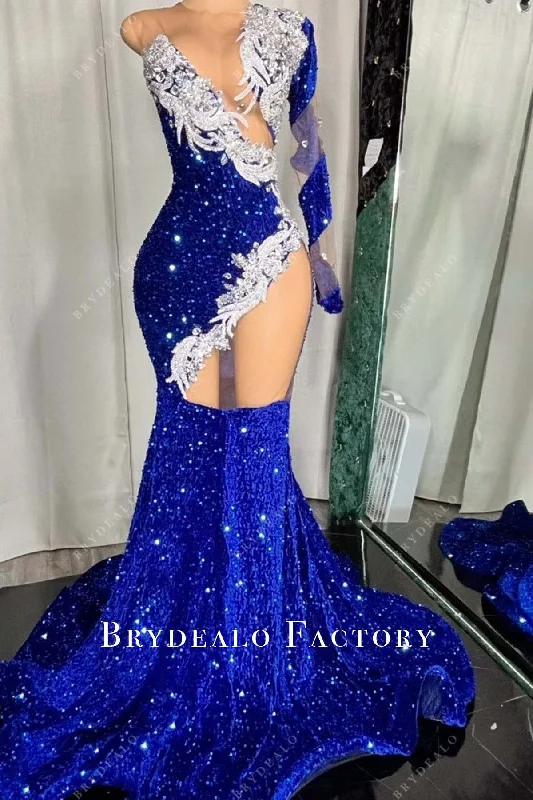 Royal Blue One Sleeve Sequined Mermaid Prom Dress Tunics Silk luxurious