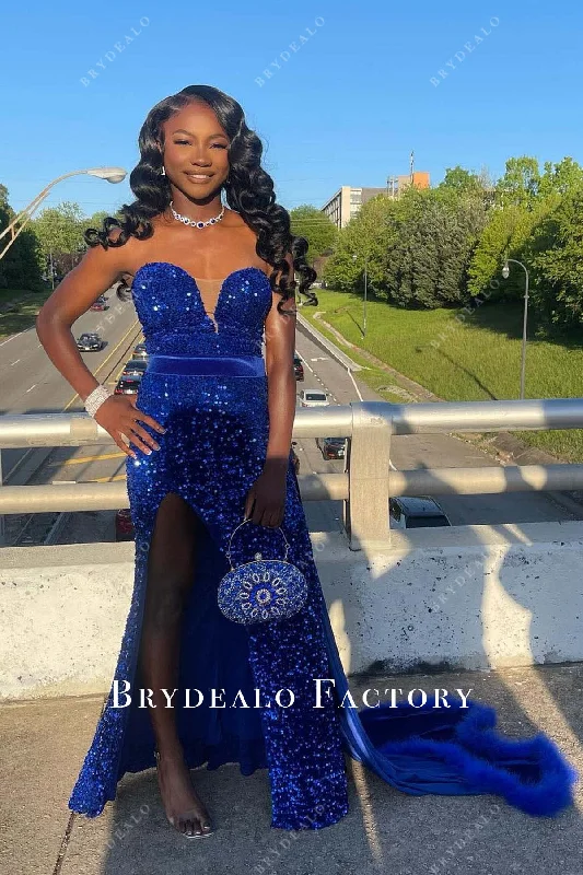 Royal Blue Sequined Strapless Panel Train Prom Dress Boat Neckline Classic