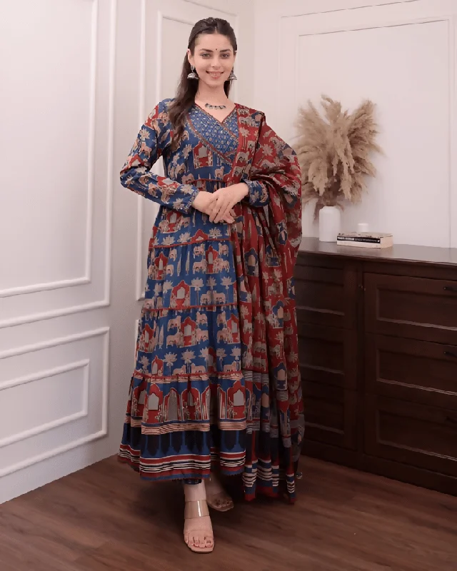 Aastha Fashion Women's Printed Cotton Blue Kurti With Pant And Dupatta By Srf Jaipur Modern Skinny Pants