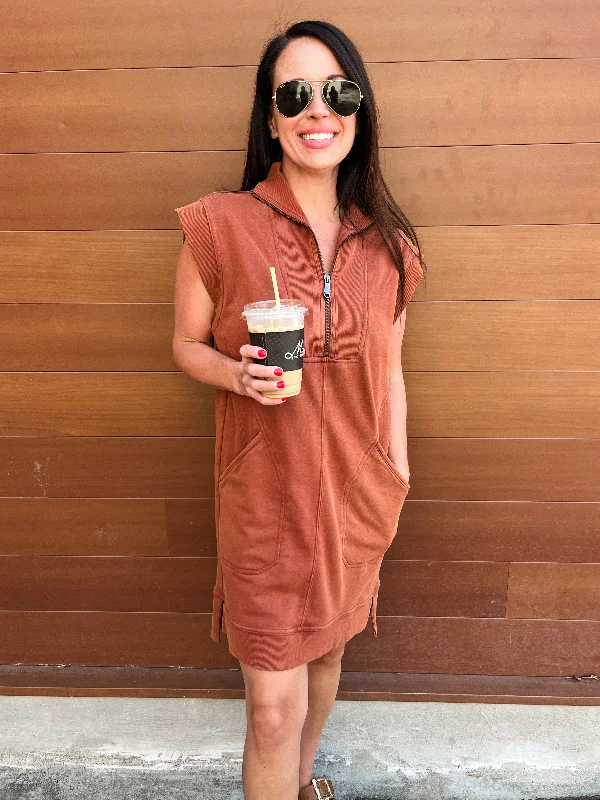 Solid Mock Neck Mini Dress - Brick Stylish Short-Sleeve Mini Dress