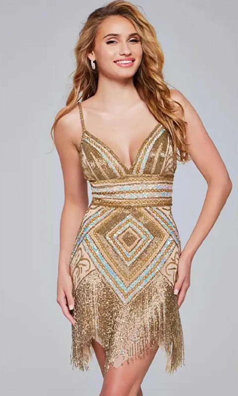 Jovani 41101 - Beaded Fringe V-Neck Cocktail Dress Tunics Velvet soft