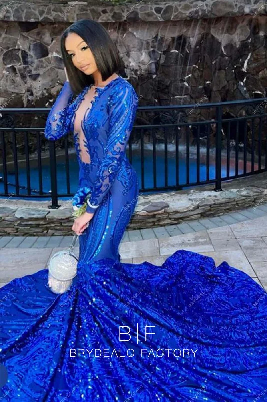 Royal Blue Long Sleeves Unique Sequin Mermaid Prom Dress Tunics Cozy soft