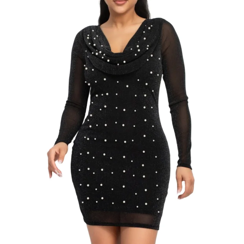 Pearl black mini dress with sheer long sleeve womenswear Trendy Floral Mini Dress