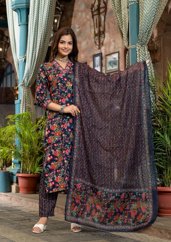 Indian Fashion Women Navy Blue Embroidery Viscose Rayon Kurta, Pant And Dupatta Set Chic Wool Trousers