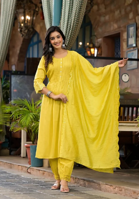 Juniper Women's Yellow Mirror Embroidered Liva Rayon Kurta Pant And Dupatta Set With Lace & Button Detail Soft Wool Pants