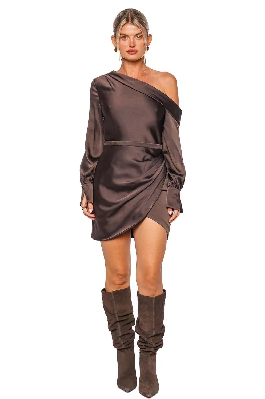 Cameron Chocolate One Shoulder Mini Dress Trendy Tulle Mini Dress