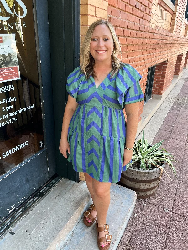 Mixed Line V-Neck Mini Dress - Green Cozy Cotton Mini Dress