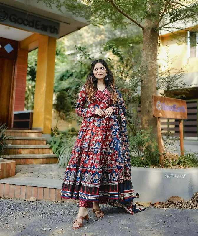 Preksha Creation Indian Beautiful Heavy Fully Flared Anarkali Stitched Suit With Dupatta and Pant - Red High-Waist Yoga Pants