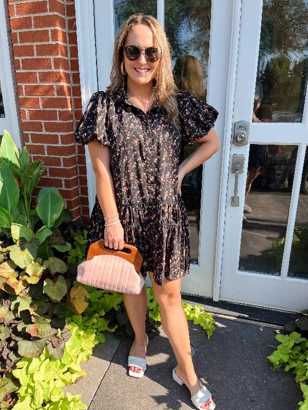 Floral Print Puff Sleeve Mini Dress - Black Stylish Ruffle Mini Dress
